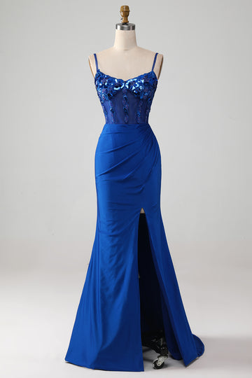Royal Blue Beaded Corset Prom Dress with Slit